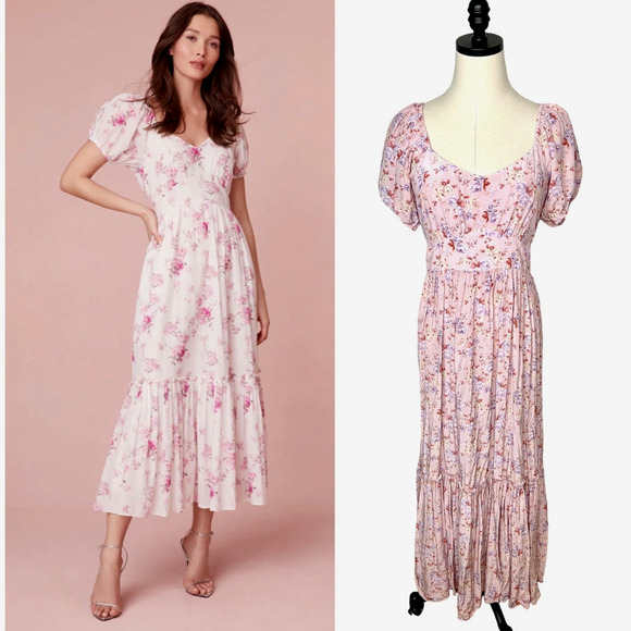 LoveShackFancy 6 Angie $595 SILK Milkmaid Midi Dress Puff Shoulder Floral Pink - Picture 5 of 15
